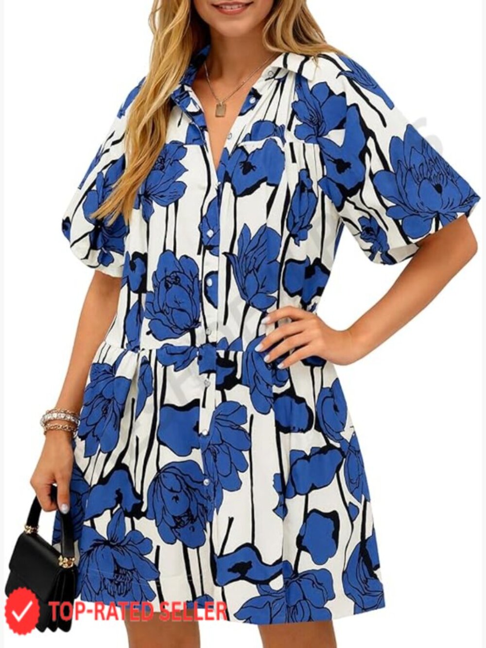 Floral Button Down Shirt Dress Puff Sleeve Loose Fit Boho Casual Mini